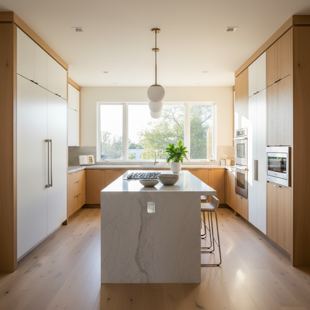 Upscale kitchen with integrated refrigerator and wall oven